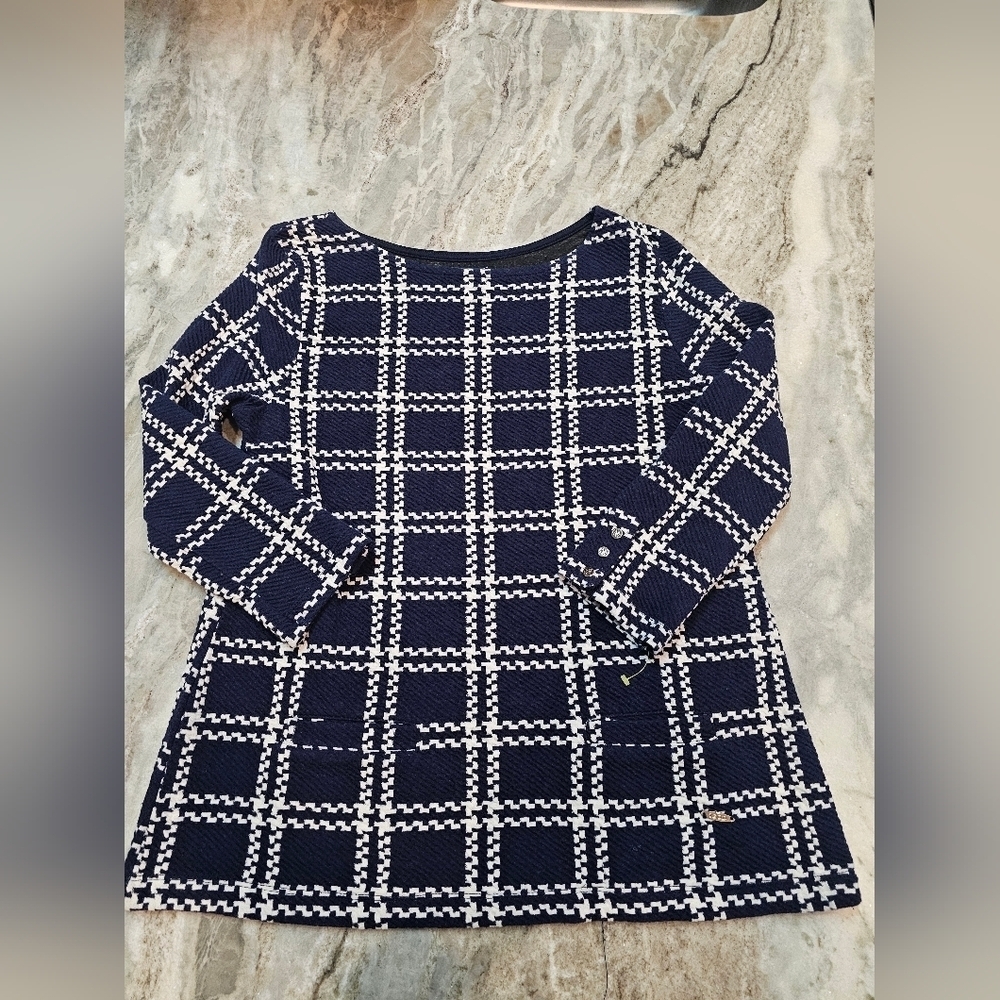 IZOD Navy White Textured Check Knit Top Size Large